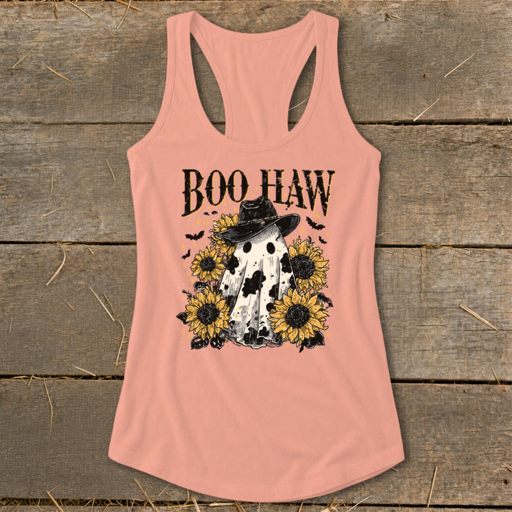 Peach tank top with ghost wearing cowboy hat, sunflowers, and "Boo Haw" text.
