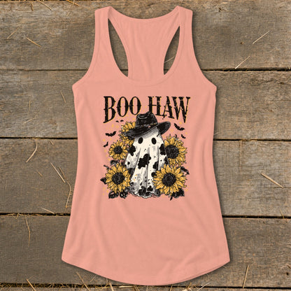 Peach tank top with ghost wearing cowboy hat, sunflowers, and "Boo Haw" text.
