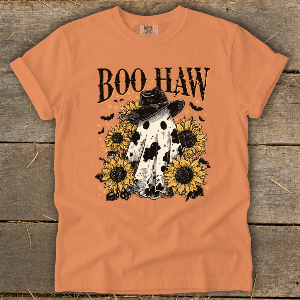 Orange t-shirt with "Boo Haw" text, ghost in cowboy hat, and sunflowers.