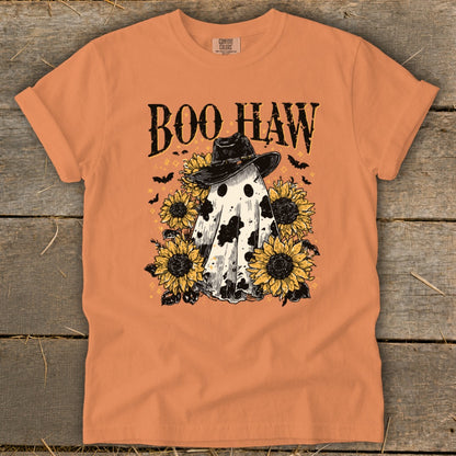 Orange t-shirt with "Boo Haw" text, ghost in cowboy hat, and sunflowers.