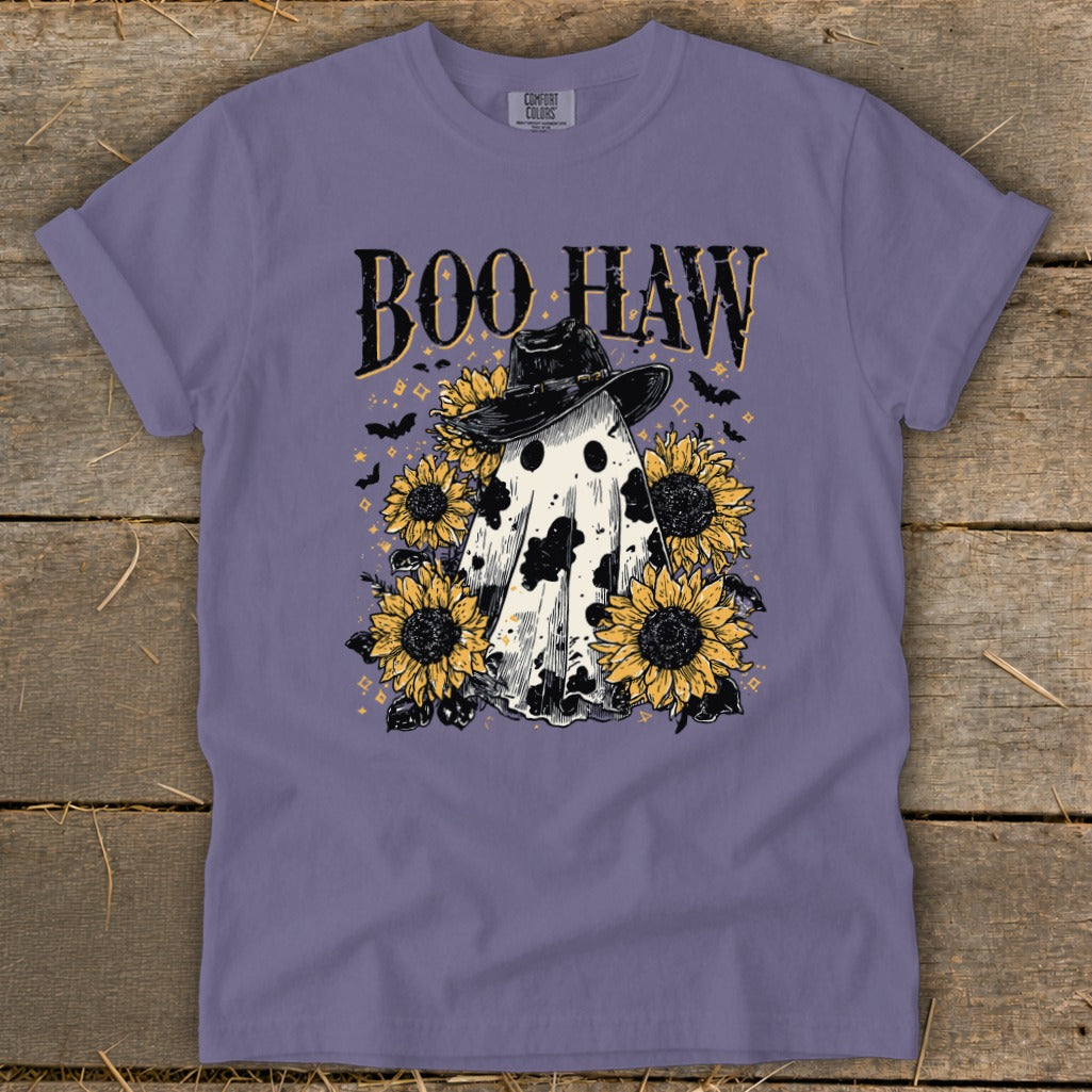 Ghost in cowboy hat with sunflowers and text "Boo Haw"