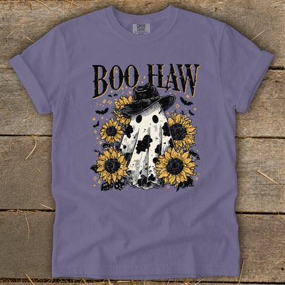 Ghost in cowboy hat with sunflowers and text "Boo Haw"