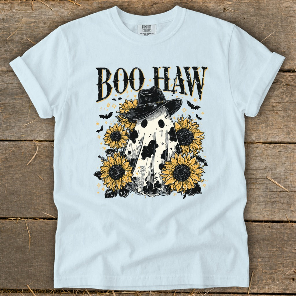 Light blue t-shirt with a "Boo Haw" ghost graphic wearing a cowboy hat and surrounded by sunflowers.