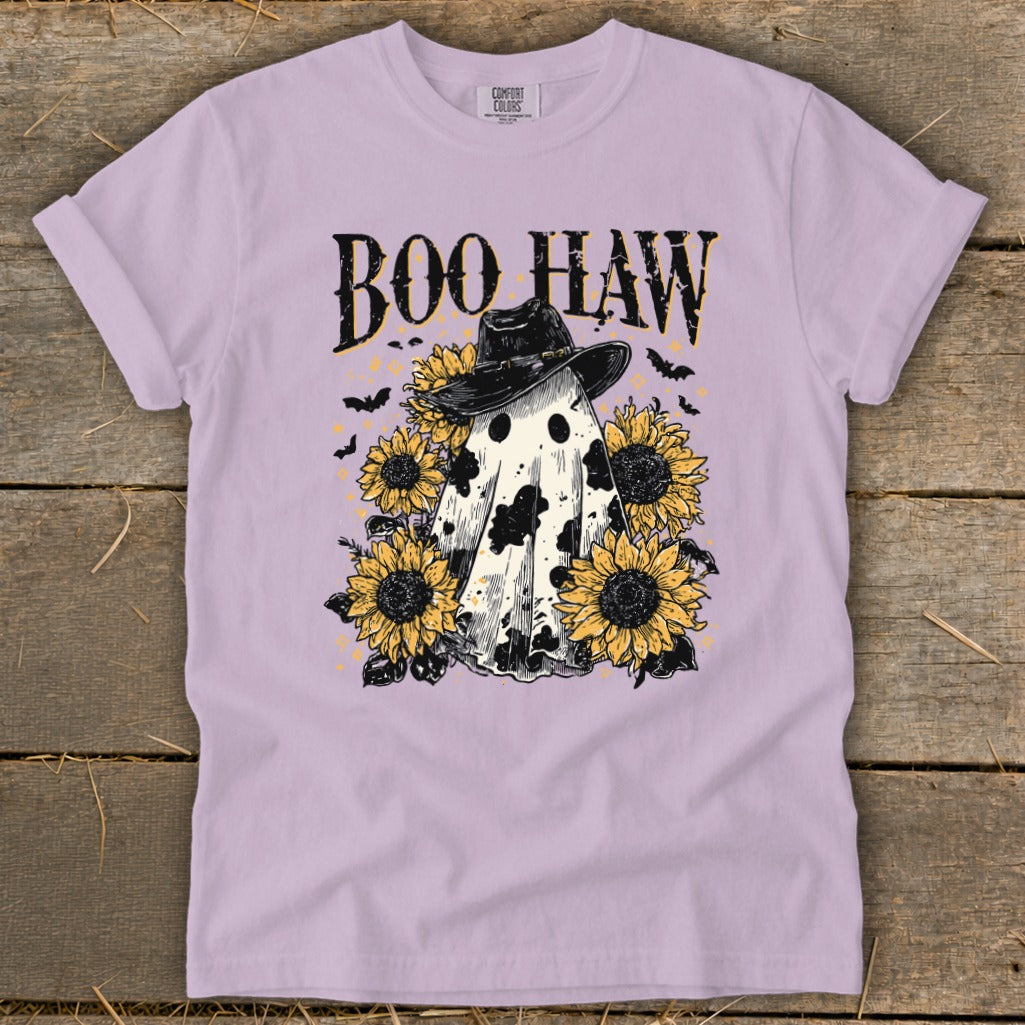Ghost in cowboy hat with sunflowers and text "Boo Haw" on purple t-shirt.