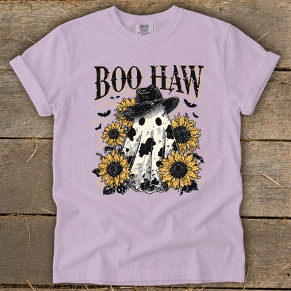 Ghost in cowboy hat with sunflowers and text "Boo Haw" on purple t-shirt.