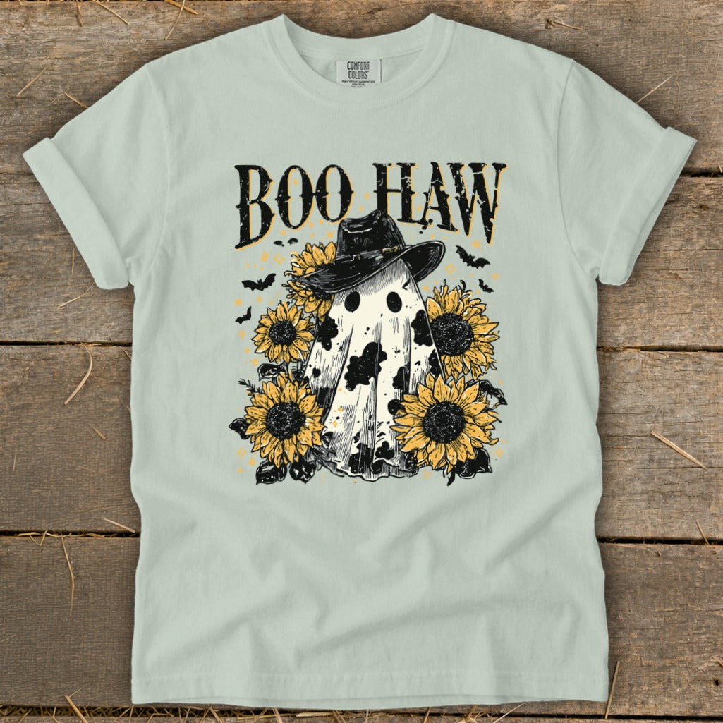 Ghost wearing cowboy hat with sunflowers and bats, reads "Boo Haw".