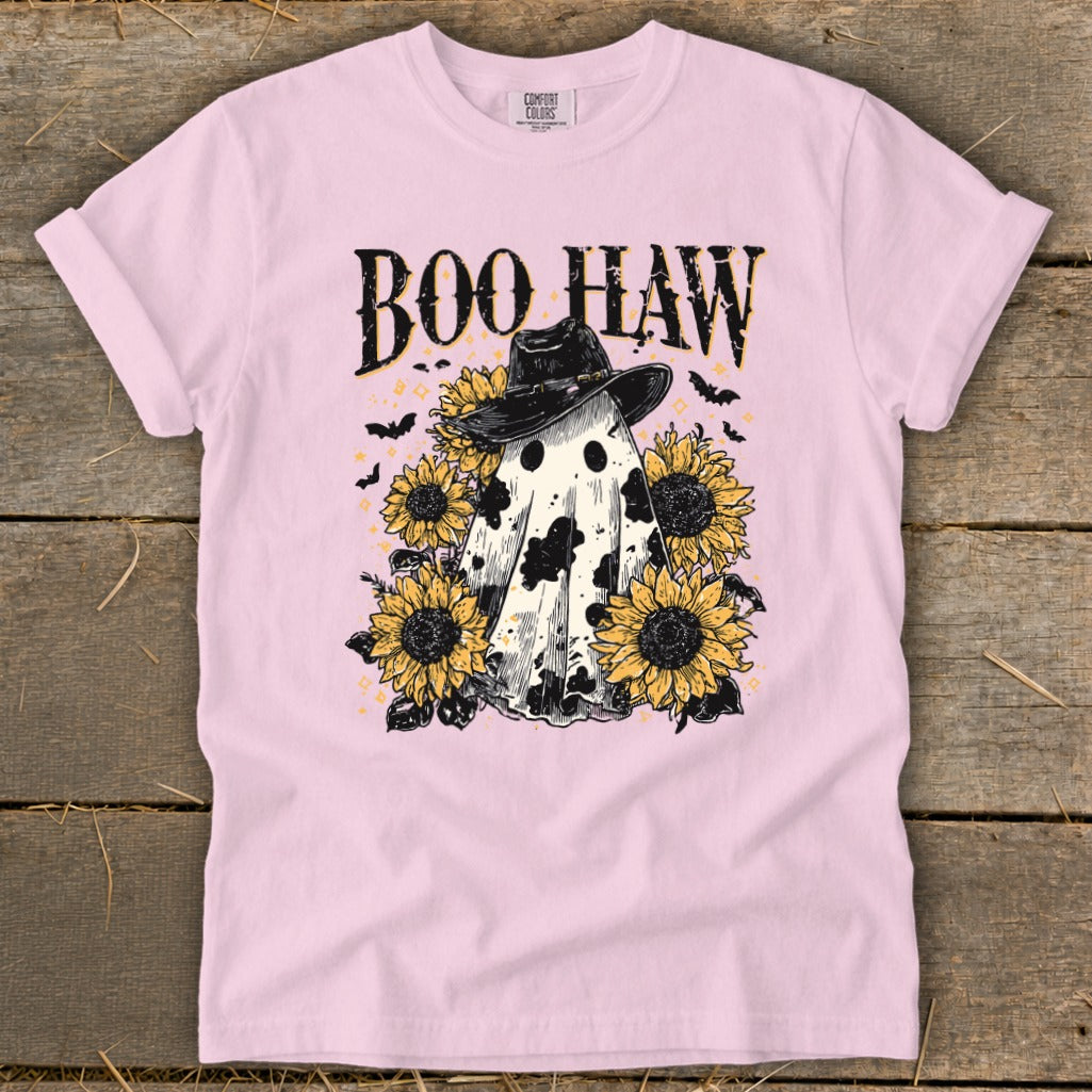 Ghost in cowboy hat with sunflowers and "Boo Haw" text.
