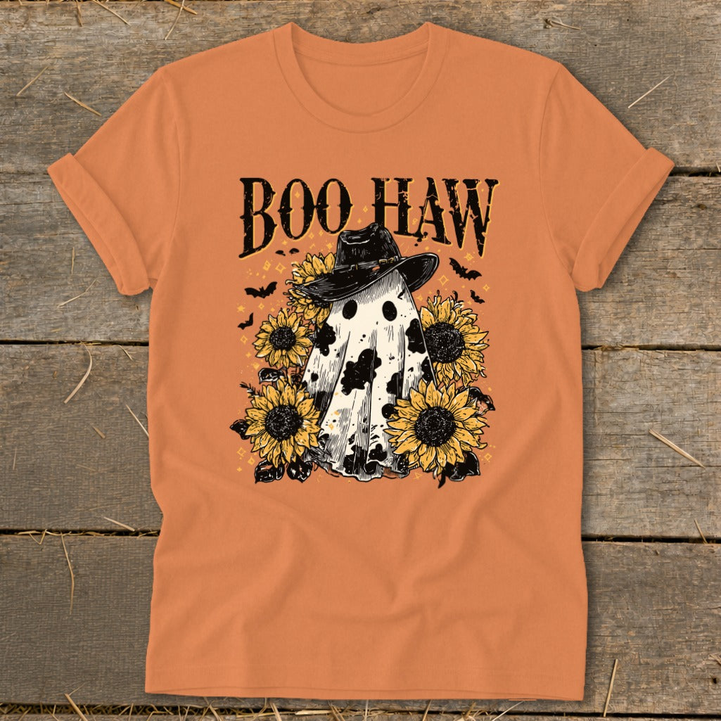Ghost with cow print, hat, sunflowers, and text "BOO HAW".