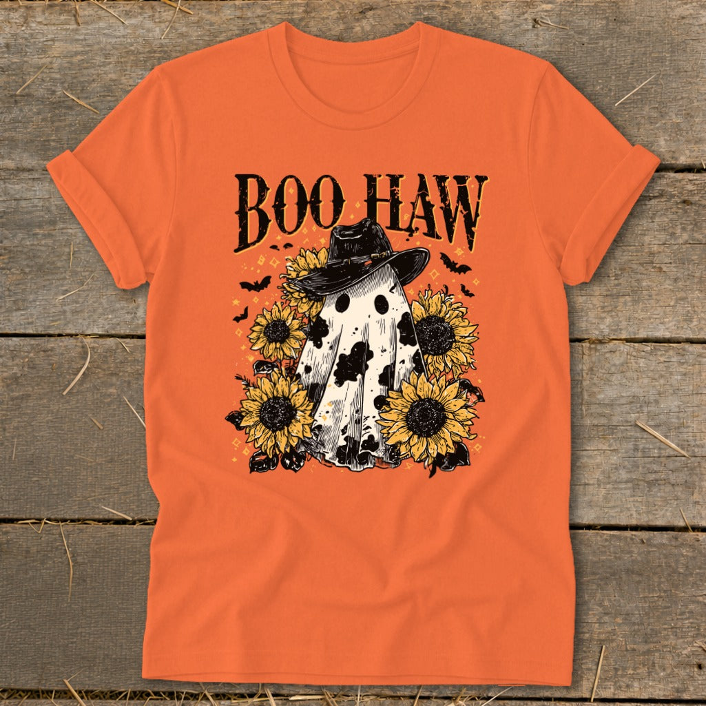 Orange t-shirt with "Boo Haw" text, ghost wearing a cowboy hat, sunflowers, and bats.