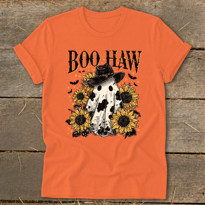 Orange t-shirt with "Boo Haw" text, ghost wearing a cowboy hat, sunflowers, and bats.