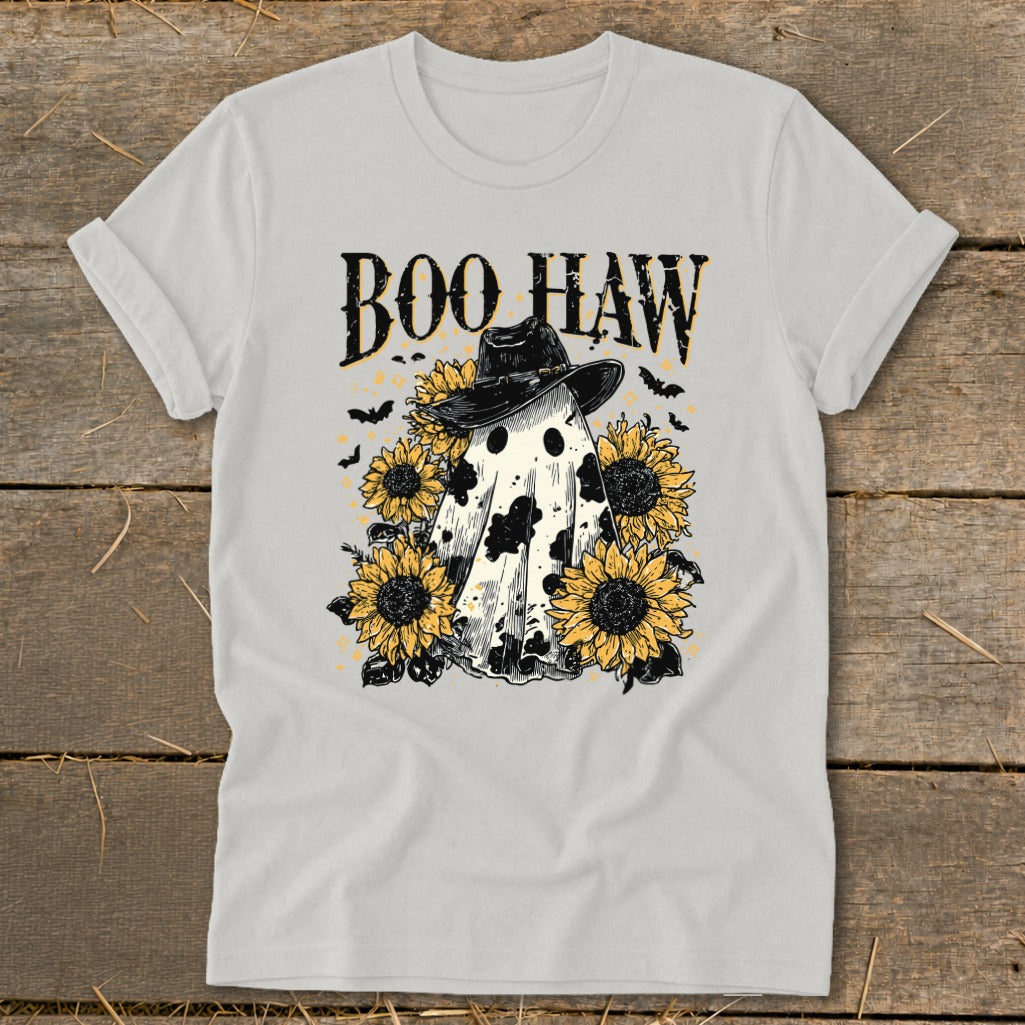 Ghost with sunflowers, cowboy hat, and "Boo Haw" text.