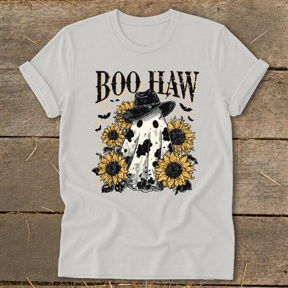 Ghost with sunflowers, cowboy hat, and "Boo Haw" text.
