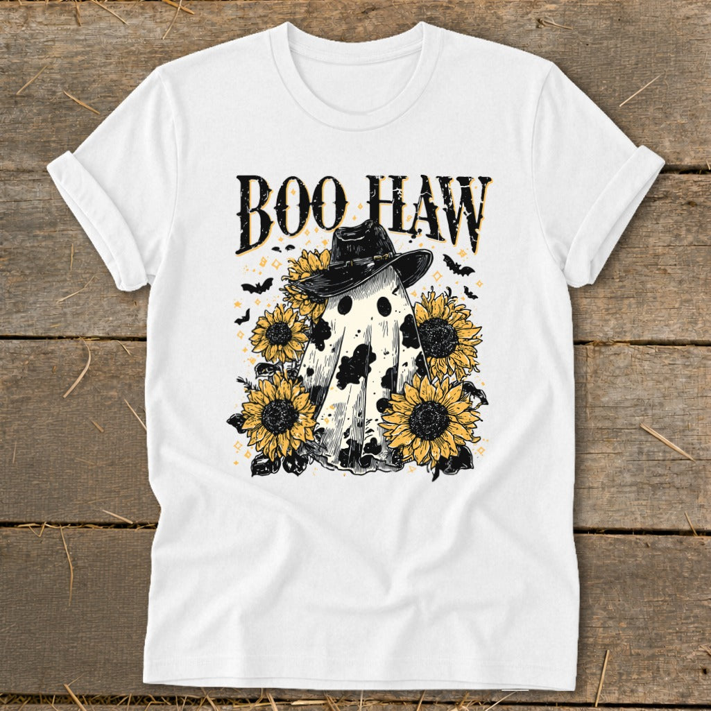 White t-shirt with "Boo Haw" text and a ghost with sunflowers and bats graphic.