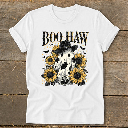 White t-shirt with "Boo Haw" text and a ghost with sunflowers and bats graphic.