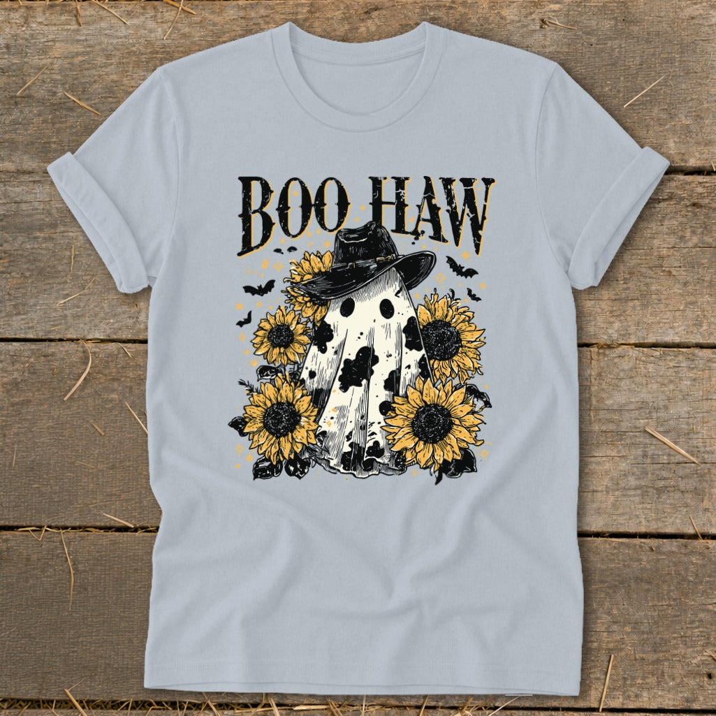 Light blue t-shirt with "BOO HAW" text, ghost, and sunflowers.
