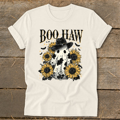 Cream t-shirt with "Boo Haw" text, a cow-spotted ghost, sunflowers, and bats.
