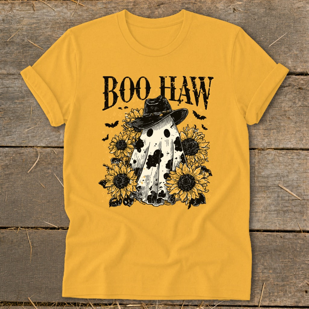 Ghost in cowboy hat with sunflowers and "Boo Haw" text.