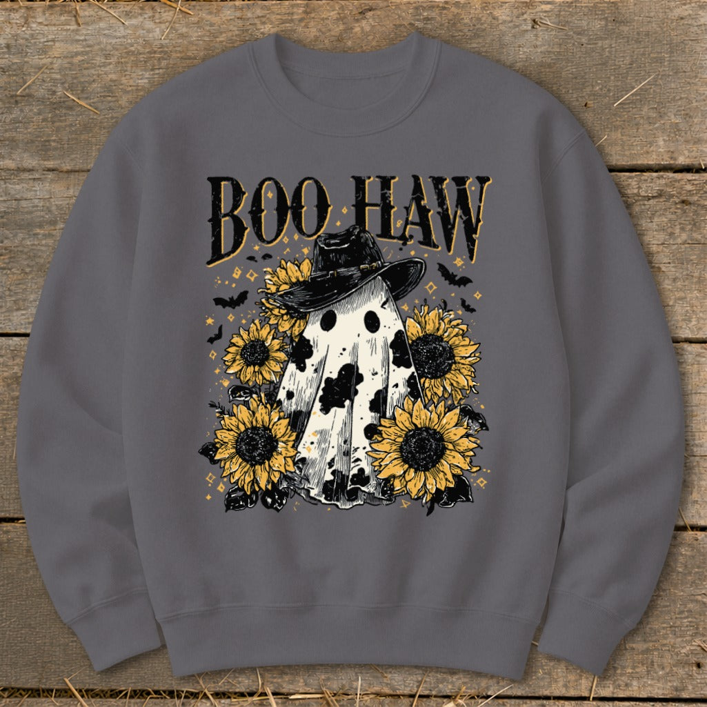 Ghost wearing a cowboy hat surrounded by sunflowers with "Boo Haw" text.