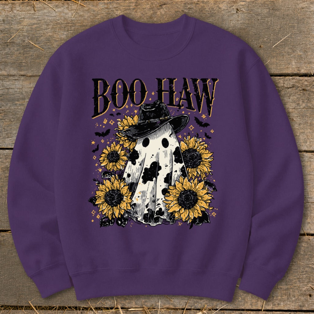 Ghost in cowboy hat with sunflowers and "Boo Haw" text on purple sweatshirt.