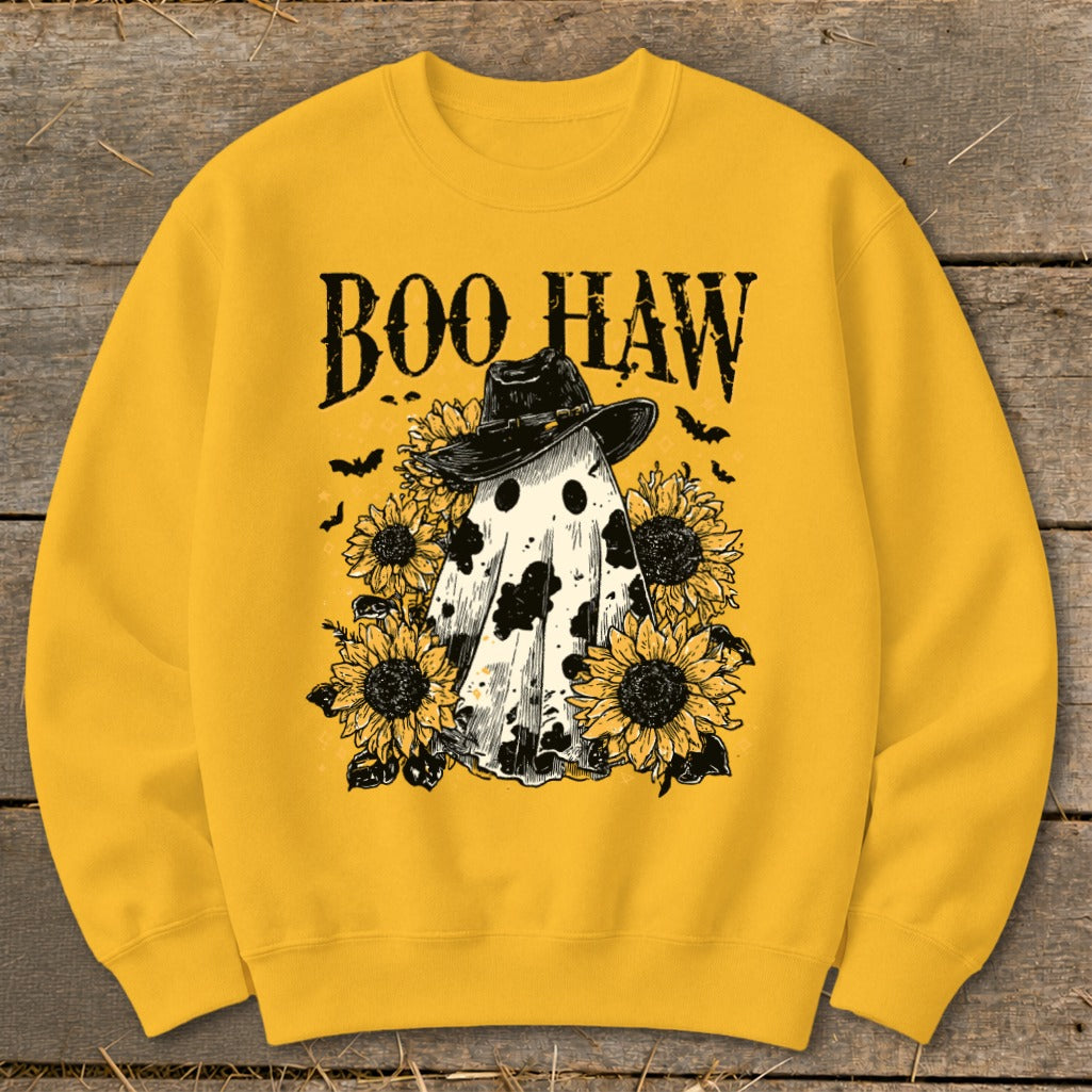 Yellow sweatshirt with "Boo Haw" text, a ghost in a cowboy hat, and sunflowers.