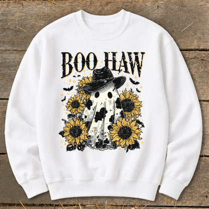 White sweatshirt with "Boo Haw" text, a cow-spotted ghost, sunflowers, and bats.