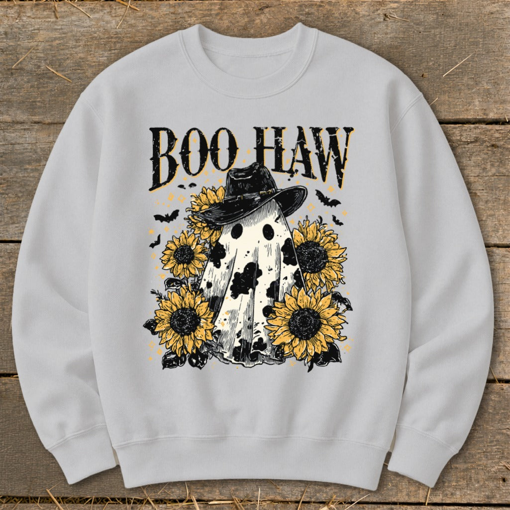Ghost with hat, sunflowers, bats, and text "BOO HAW".