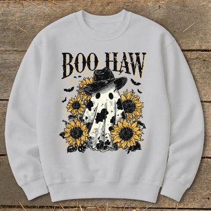 Ghost with hat, sunflowers, bats, and text "BOO HAW".