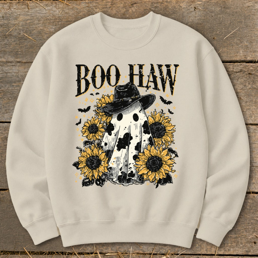 Ghost with cowboy hat and sunflowers, "Boo Haw" text above.