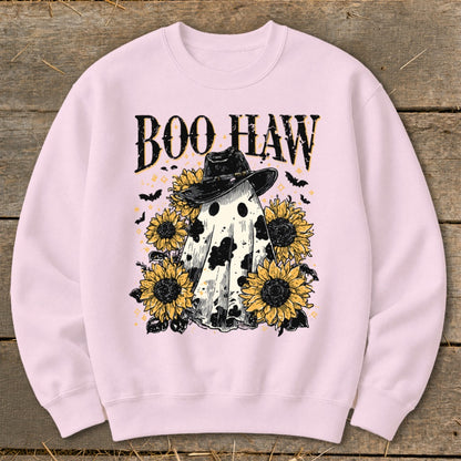 Pink sweatshirt with a ghost wearing a cowboy hat and sunflowers, with "Boo Haw" text.