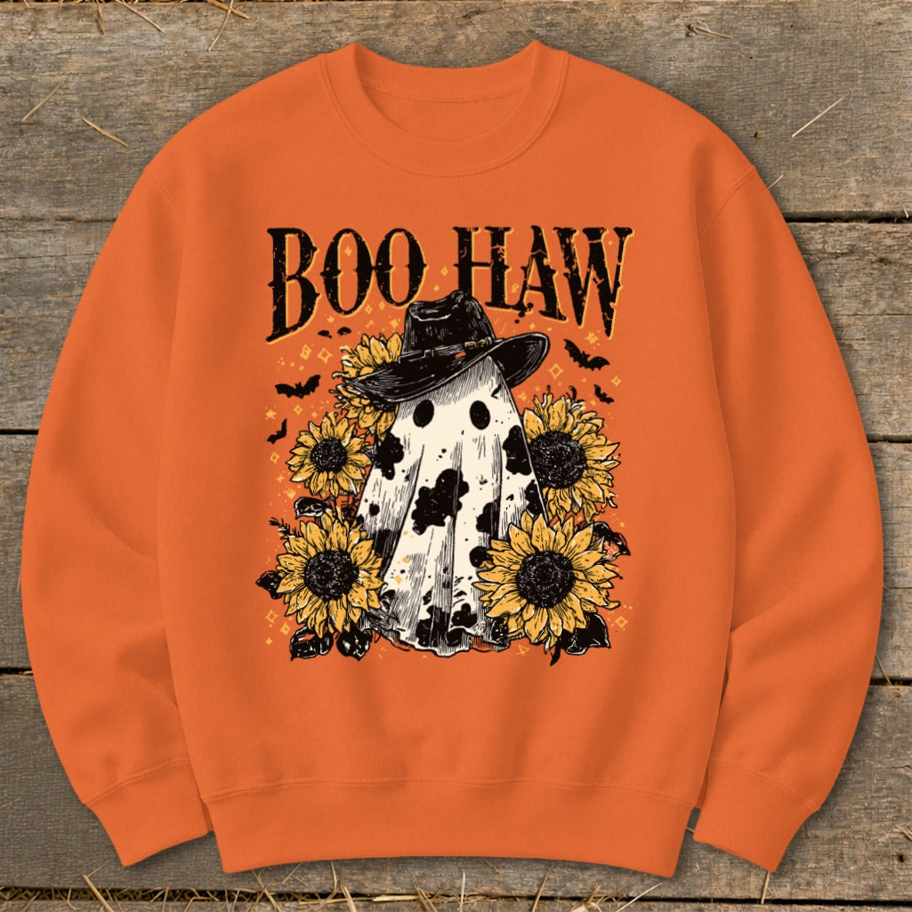Orange sweatshirt with a ghost wearing a cowboy hat and sunflowers, featuring "Boo Haw" text.