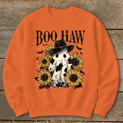 Orange sweatshirt with a ghost wearing a cowboy hat and sunflowers, featuring "Boo Haw" text.