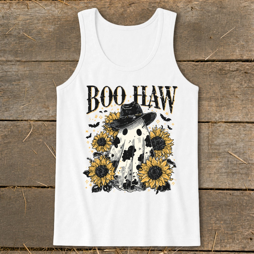 White tank top with "Boo Haw" text, a cow-print ghost wearing a cowboy hat, and sunflowers.
