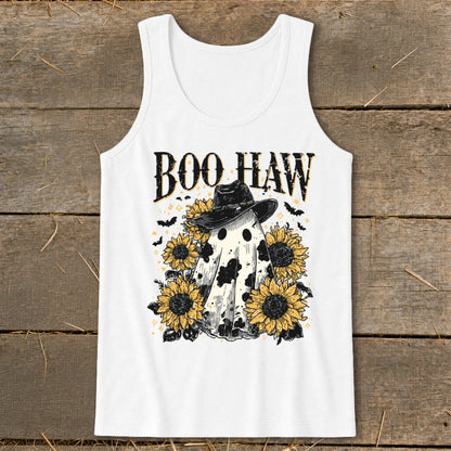 White tank top with "Boo Haw" text, a cow-print ghost wearing a cowboy hat, and sunflowers.