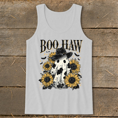 Ghost wearing cowboy hat surrounded by sunflowers with text "BOO HAW".