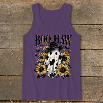 Purple tank top with ghost, sunflowers, and "Boo Haw" text.