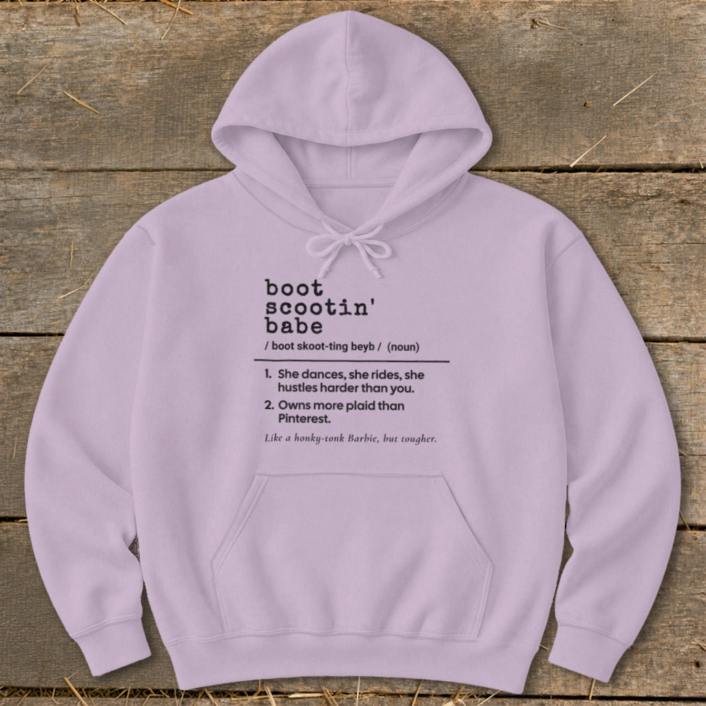 Lavender hoodie with "boot scootin' babe" definition in black text.