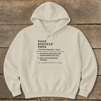 Cream hoodie with "boot scootin' babe" definition print.