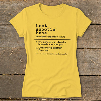 Yellow t-shirt with definition of "boot scootin' babe".