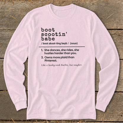 Pink long-sleeve shirt with "boot scootin' babe" definition and humorous description.