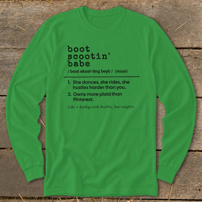 Green long-sleeve shirt with "Boot Scootin' Babe" definition and description.