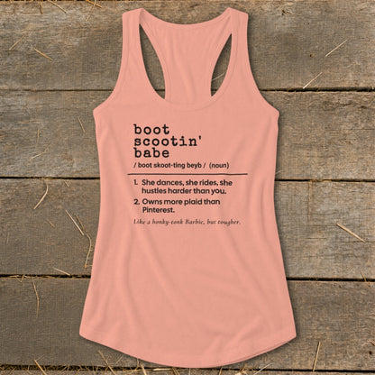 Peach tank top with black text defining "boot scootin' babe".