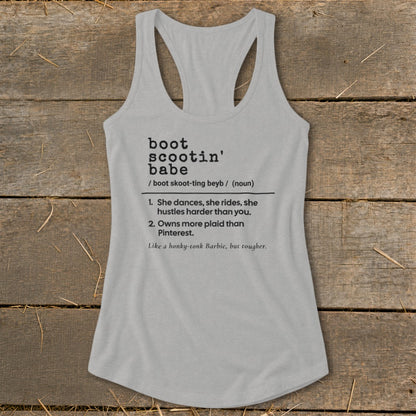 Grey tank top with "boot scootin' babe" definition text.