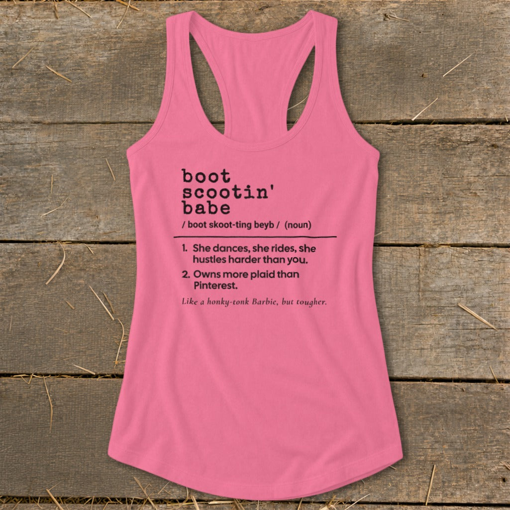 Pink tank top with "boot scootin' babe" definition and humorous description.