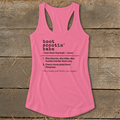 Pink tank top with "boot scootin' babe" definition and humorous description.