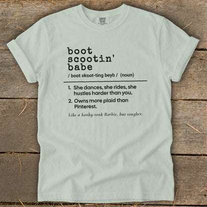Light green t-shirt with "boot scootin' babe" definition and playful description.