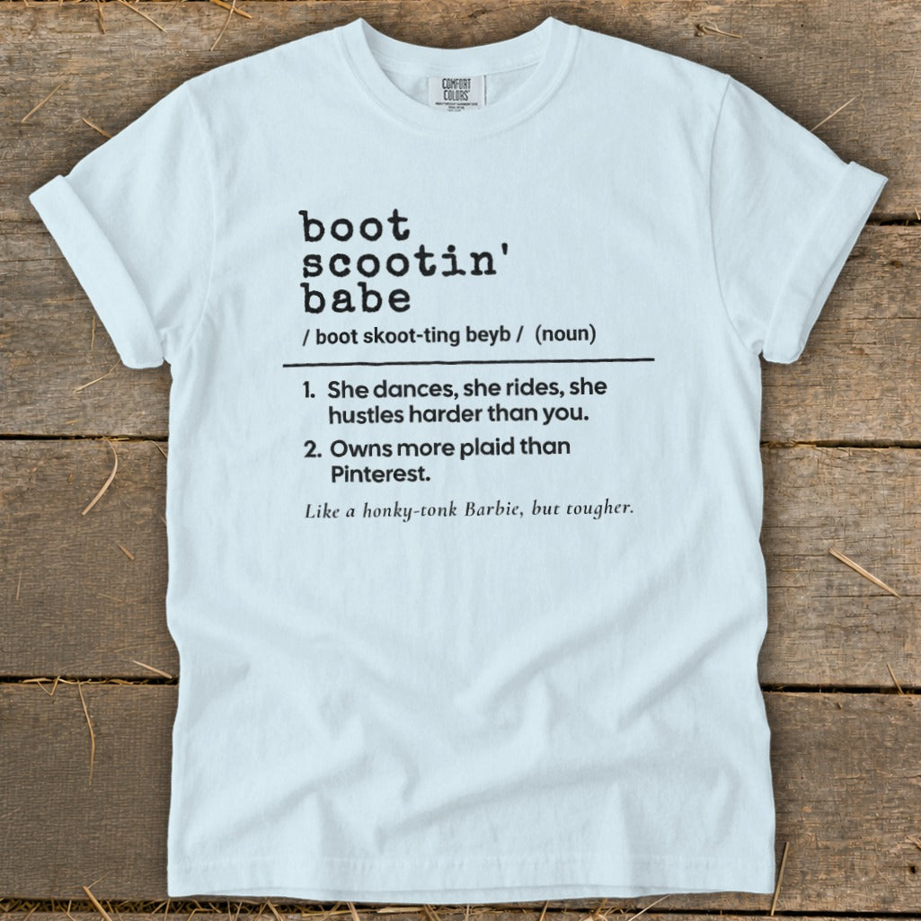 White t-shirt with "boot scootin' babe" definition and phrases.