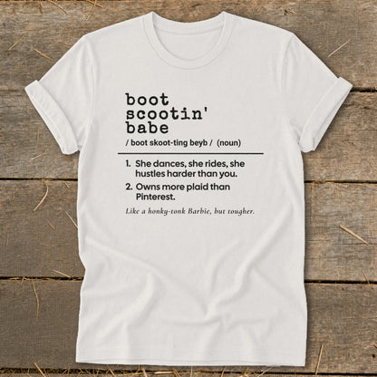 White t-shirt with "boot scootin' babe" definition and description.