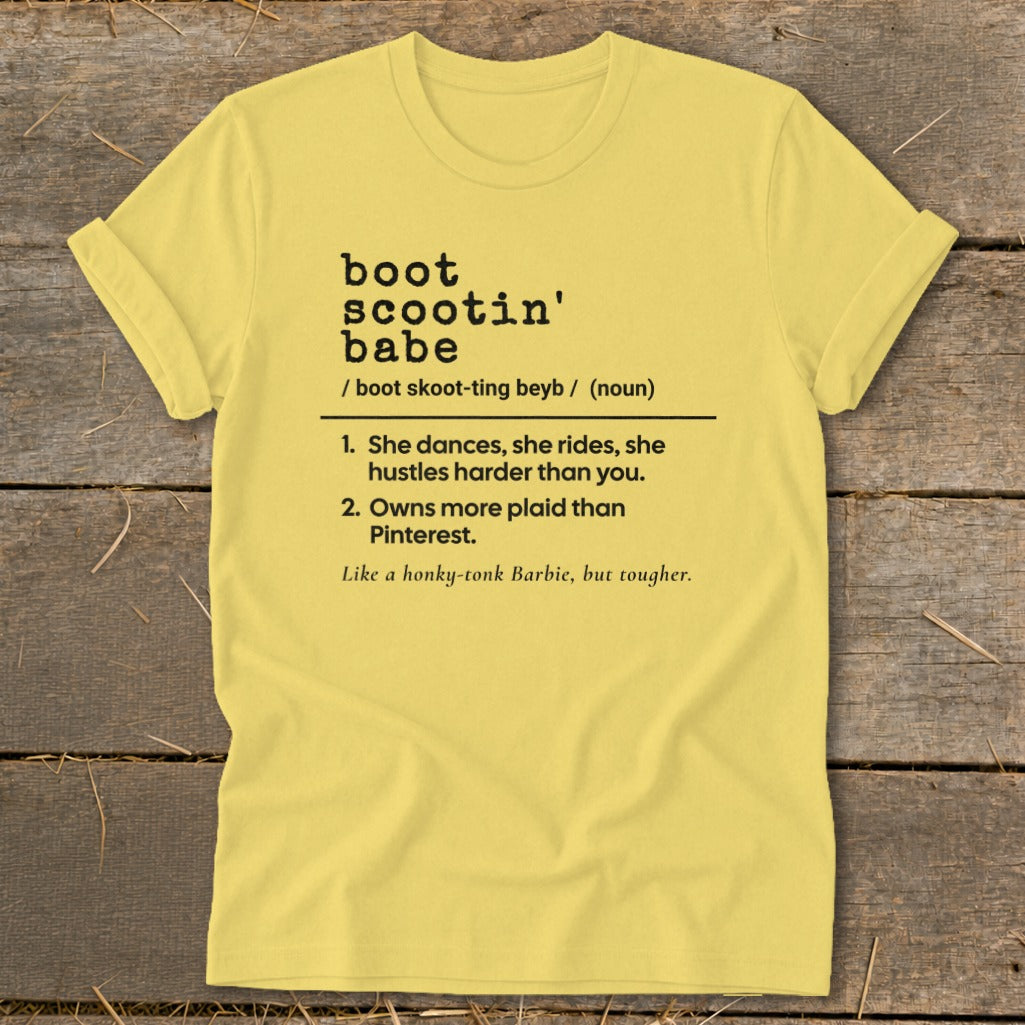 Yellow t-shirt with definition for "boot scootin' babe."