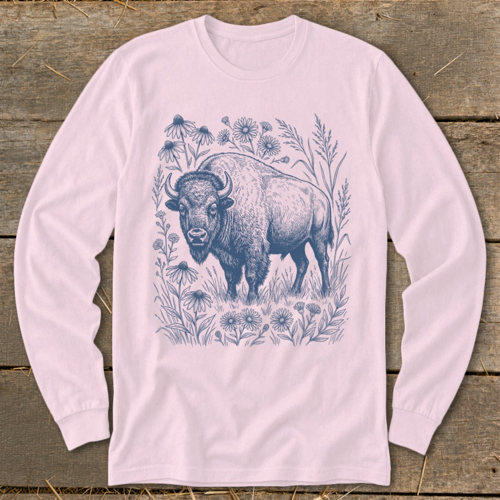 Botanical Bison Illustration Long Sleeve Tee