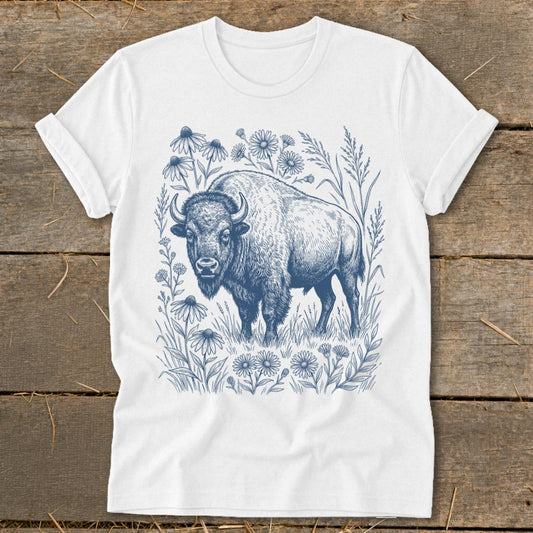 Botanical Bison Illustration Softstyle Tee - White